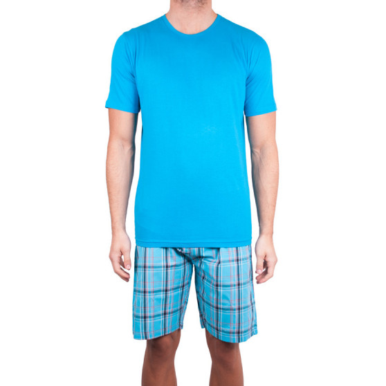Kurzer Schlafanzug für Männer Molvy blau mit karierter Hose